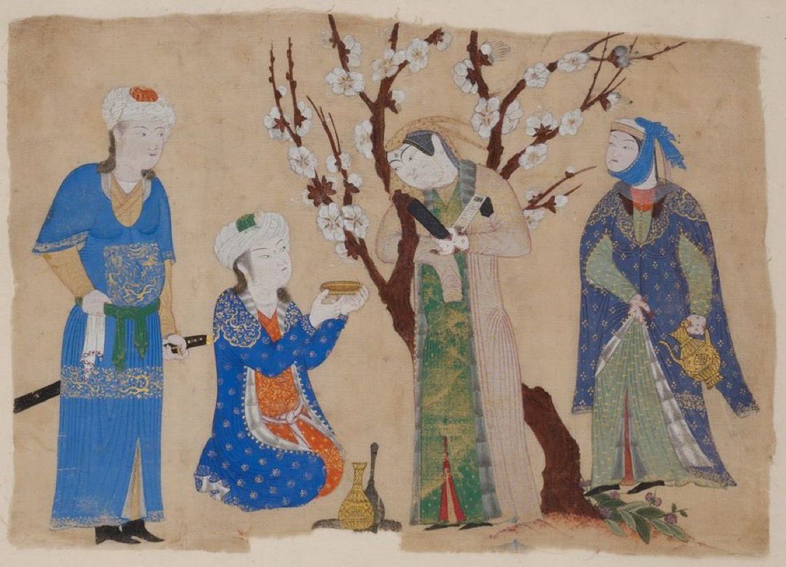IranianArts's tweet image. نوشیدن شراب در بُستان؛ حدود ۸۱۰ خورشیدی، احتمالاً تبریز. این نگارگری با آبرنگ و طلای مات روی برگهای از جنس ابریشم روایتگر جوانیست که پیاله شرابی به دختری جوان تقدیم میکند. در موزه هنرهای زیبای متروپولیتن نیویورک نگهداری میشود.