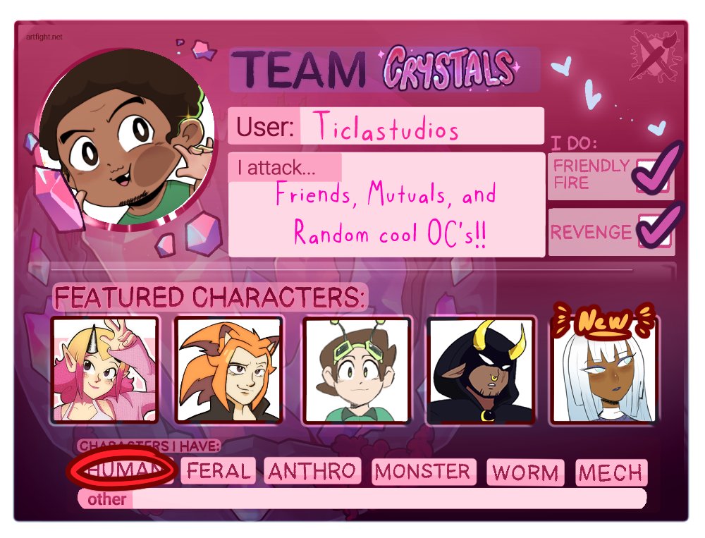 TiClaStudios's tweet image. I'm doing #ArtFight again this year! If any moots would like me to draw their OCs plz reply with your profiles so I can save them 👀#teamcrystals