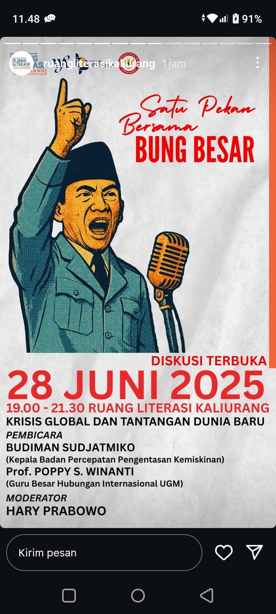 Bagi twips yg ada di Yogya &amp; sekitar, nanti bisa datang ke Ruang Literasi Kaliurang jam 19.00 => merfleksikan pikiran2 Bung Karno, membahas "Krisis Global &amp; Tantangan Dunia Baru" (bersama Guru Besar HI UGM, Prof. Poppy S. Winanti)