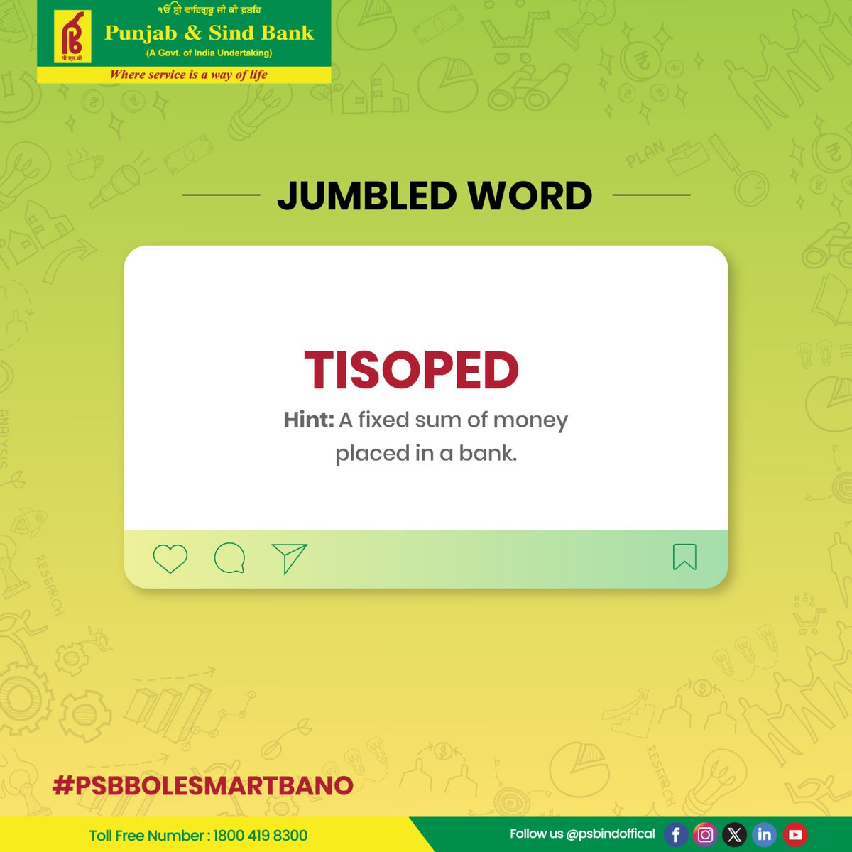 PSBIndOfficial's tweet photo. Let’s see how sharp your banking IQ really is🧠!
Drop your answer in the comment section👇🏻
#punjabandsindbank #PSBBOLESMARTBANO #banking #funactivity #engagementactivity #bankingservices #digitalbanking #bankaccount #whereserviceisawayoflife https://t.co/PkbY9E10Qf