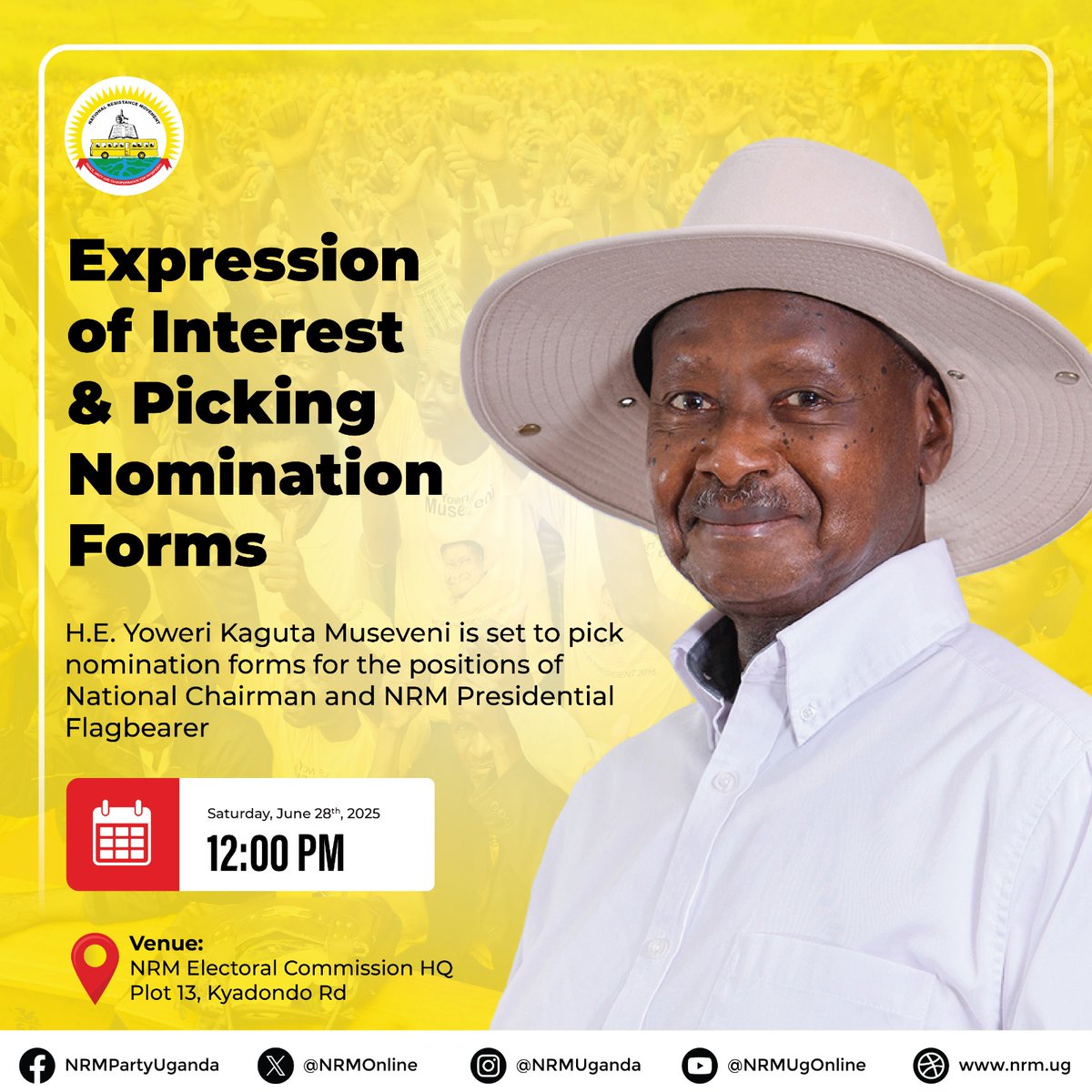 NRM Party (@nrmonline) on Twitter photo His Excellency Gen. (Rtd) <a href="/KagutaMuseveni/">Yoweri K Museveni</a> is today scheduled to pick nomination forms to contest for the positions of the NRM National Chairman and Presidential Flagbearer at the Party Electoral Commission Headquarters.
Hundreds of Party members are expected to welcome him at His Excellency Gen. (Rtd) <a href="/KagutaMuseveni/">Yoweri K Museveni</a> is today scheduled to pick nomination forms to contest for the positions of the NRM National Chairman and Presidential Flagbearer at the Party Electoral Commission Headquarters.
Hundreds of Party members are expected to welcome him at