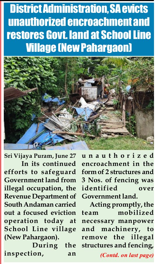 MediaRN_ANI's tweet photo. #NewAndamans
@Andaman_Admin remains steadfast in its #ZeroTolerance policy against Government land encroachments. @DcSouthandaman led a targeted eviction drive at #SchoolLine, #SriVijayaPuram tehsil, successfully removing unauthorized structures and fencing, reclaiming approximately 1000 sq. mtrs of government land and restoring it to the government khata.