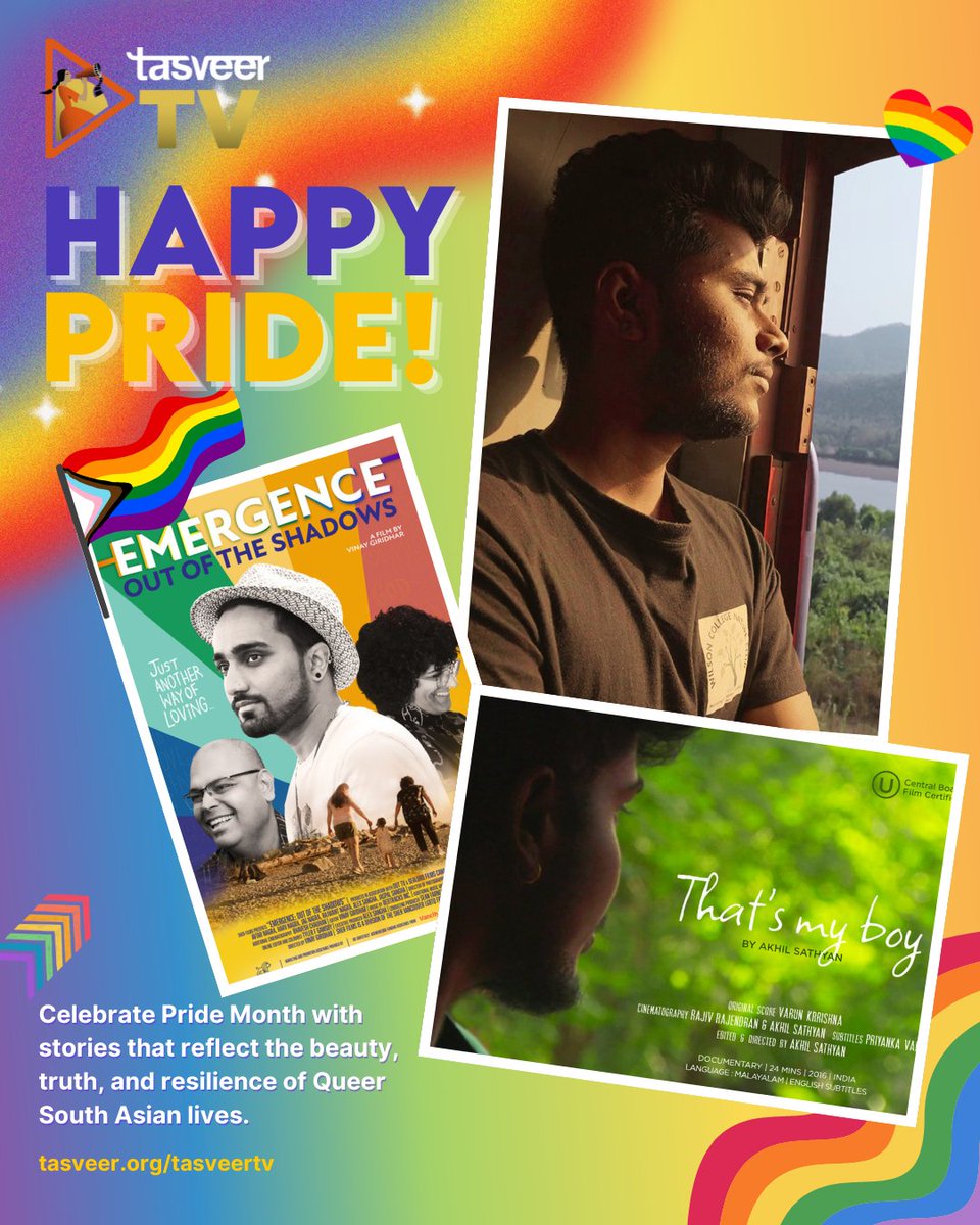 Celebrate Pride Month with stories centering LGBTQ+ voices on TasveerTV.♥️

🌈That’s My Boy
🌈Emergence: Out of the Shadows
🌈Raja Bro
🌈Naanu Ladies

Queer South Asian films that speak truth, love &amp; resilience.✨Learn more at tasveer.org/tasveertv.

#HappyPrideMonth #TasveerTV