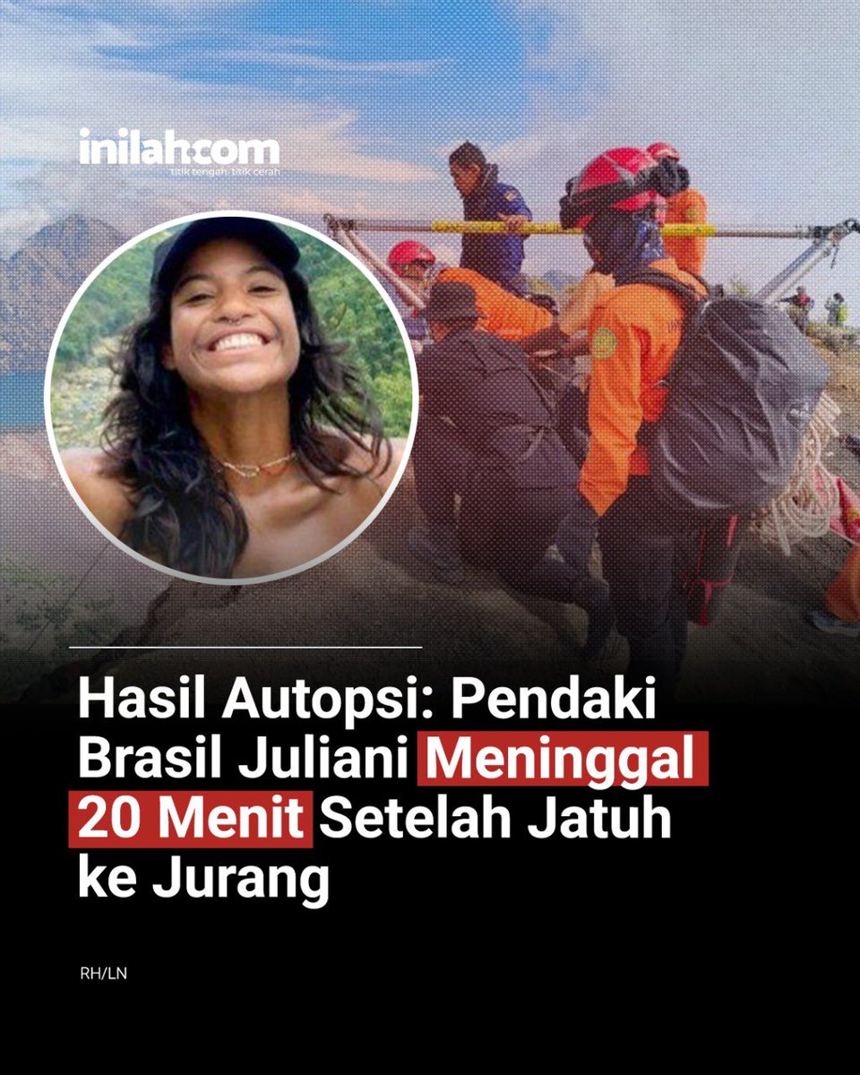 Dokter forensik RS Bali Bandara Dokter Ida Bagus Putu Alit mengungkap hasil autopsi jenazah pendaki Brasil Juliana Marins (27) yang terjatuh di Gunung Rinjani.

Hasil autopsi menyimpulkan bahwa Juliana meninggal tak lama setelah terjatuh ke jurang sedalam 600 meter.

"Perkiraan