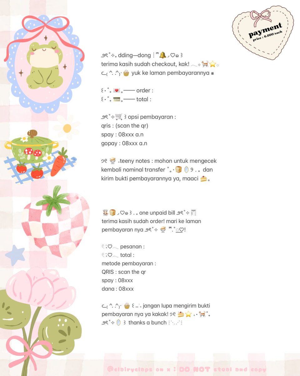 🐈⭐️ help repost? thankies <3

haLO! aku kembali dengan membawa wording payment tema kucing meong🐱🧁🪞ready stock, cuma 6.000/each aja udh bisa kamu bawa pulang! 🍰🍨

kalau mau boleh langsung dm aja yaa, jangan lupa mt after dm 💌

#zonauang payment wording
