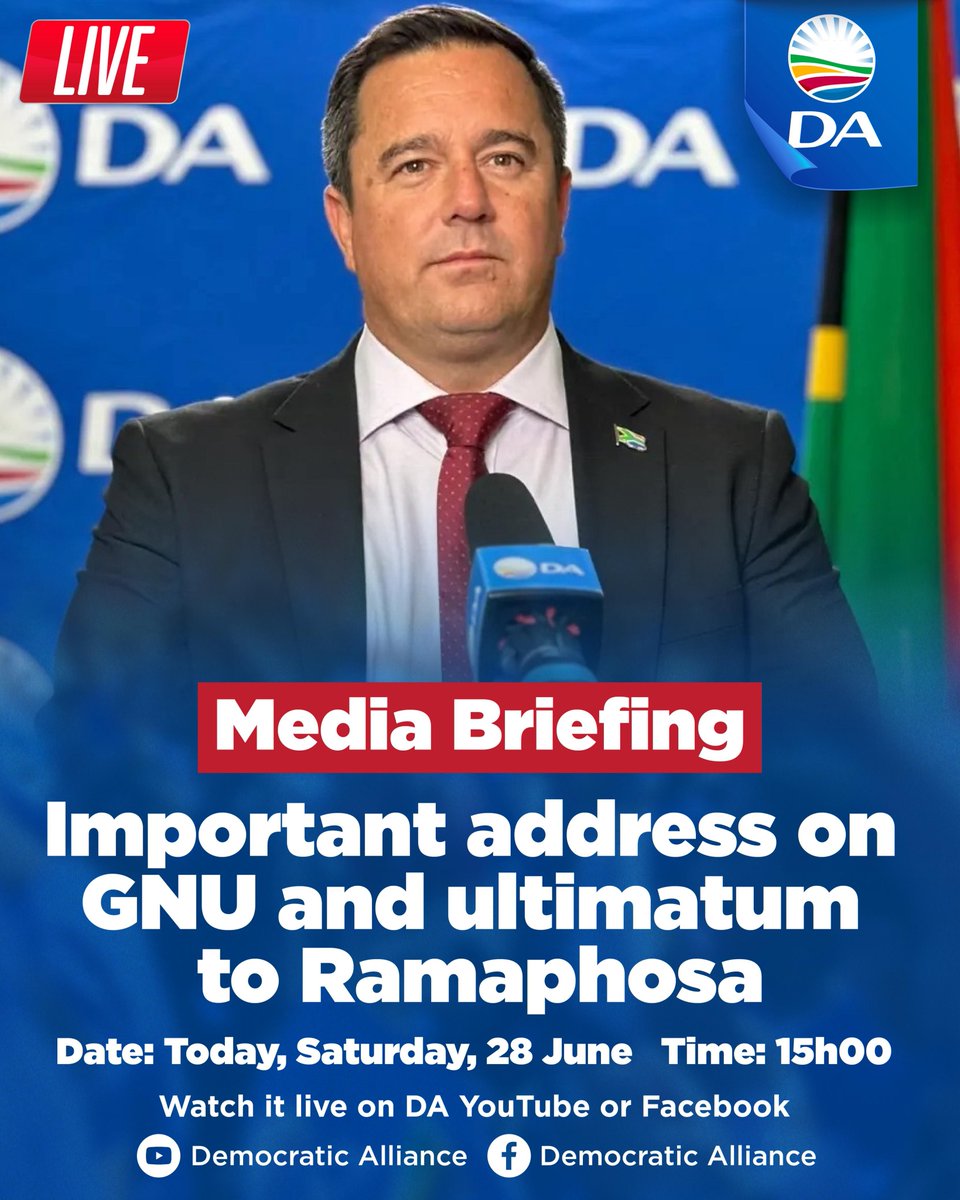 🇿🇦 Happening today at 15h00! The DA is going live to brief the media and the public on the GNU and ultimatum to President Ramaphosa.

📺 Watch it on the DA’s Facebook or YouTube pages: youtube.com/live/ykSP1XIDf…

#DApresser