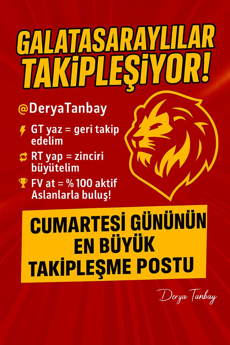 Anlık 360 (@anlik360) on Twitter photo 🎯 CUMARTESİ GÜNÜNÜN EN BÜYÜK TAKİPLEŞME POSTU!
🦁 GALATASARAYLILAR BURADA BULUŞUYOR! 💛❤️
📢 Bu postu elden ele yayalım,
Her Galatasaraylıya ulaşsın! 🦁🦁
📍 <a href="/DeryaTanbay/">Derya Tanbay</a>
⚡ GT yaz = Geri Takip
🔥 RT yap = Zinciri Büyüt
🏆 FV at = %100 Aktif Aslanlarla Buluş
✅ Takip 🎯 CUMARTESİ GÜNÜNÜN EN BÜYÜK TAKİPLEŞME POSTU!
🦁 GALATASARAYLILAR BURADA BULUŞUYOR! 💛❤️
📢 Bu postu elden ele yayalım,
Her Galatasaraylıya ulaşsın! 🦁🦁
📍 <a href="/DeryaTanbay/">Derya Tanbay</a>
⚡ GT yaz = Geri Takip
🔥 RT yap = Zinciri Büyüt
🏆 FV at = %100 Aktif Aslanlarla Buluş
✅ Takip