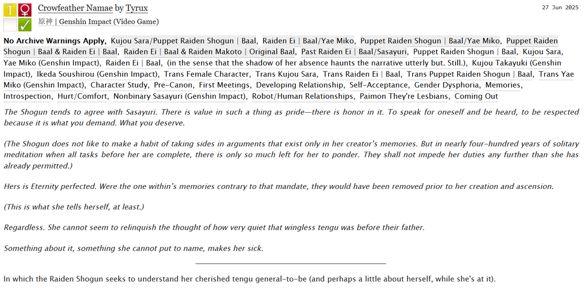 ULiopleurodon's tweet image. hii I wrote my longest one-shot ever, this one's about the #raidenshogun and #kujousara and also #raidenei and being trans! 🏳️⚧️ Presenting: Crowfeather Namae, please enjoy!
#shogunsara #eimiko #genshinimpact