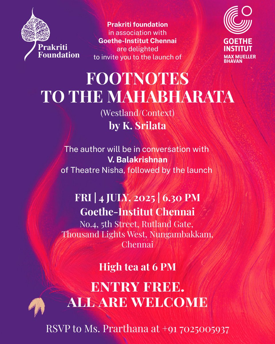 SrilataKrishnan's tweet image. Friends in Chennai, please do come to the launch of &quot;Footnotes to the Mahabharata&quot; - July 4th, 6.30 at the Goethe-institut. @WestlandBooks @prakritif 
#poetrycommunity #poetry #epics #mahabharata