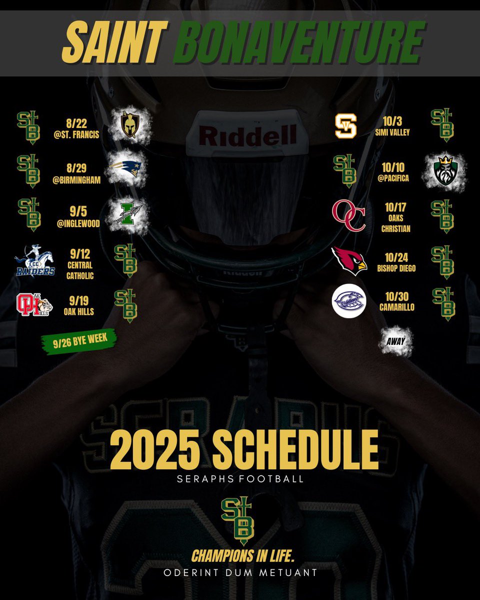SeraphFootBall's tweet image. The countdown begins. The grind gets real. Announcing our 2025 Saint Bonaventure Varsity Football Schedule! See you on the turf. Go Seraphs!
@StBonaventureA1 @thrilll_32 @latsondheimer @vcspreps 
 #HSFootball #championsinlife