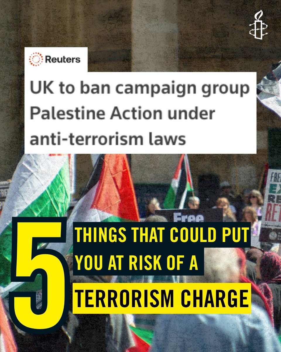 Next week the UK government is moving to ban Palestine Action under anti-terror laws.

5 things that could put you at risk of a terrorism charge ⬇️ 

1️⃣ Wearing a t-shirt, a badge or a sticker of Palestine Action

2️⃣ Attending a protest in support of Palestine Action

3️⃣ Holding
