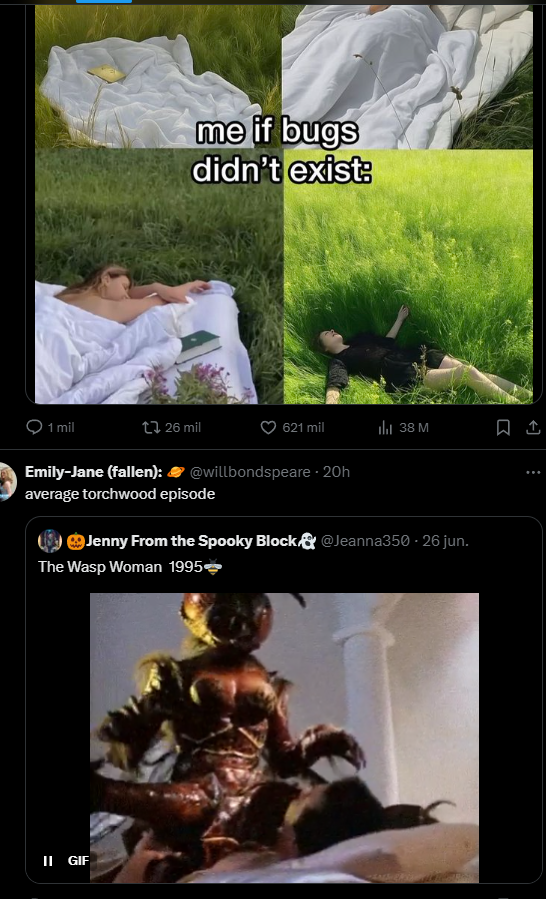 El sueño de las mujeres: dormir en la naturaleza sin bichos.
La pesadilla de los hombres: que te viole una mujer avispa.