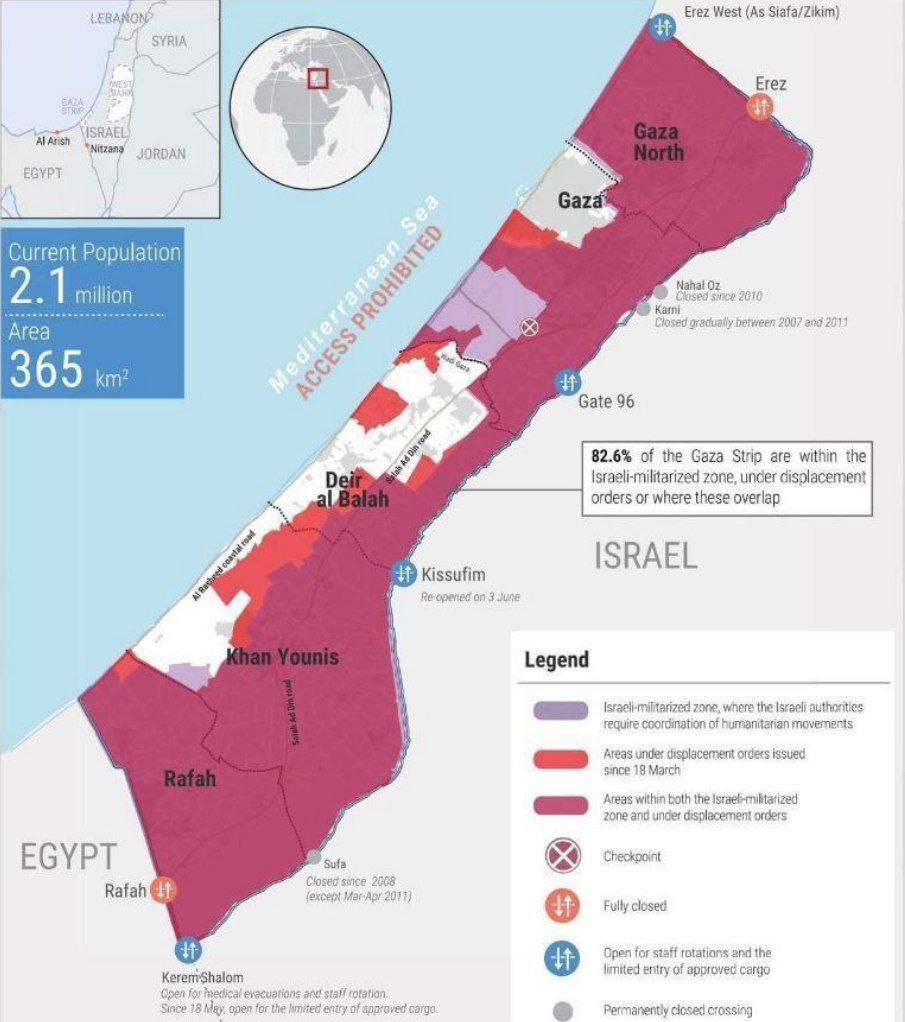 Gaza on the brink of disaster: Most of the territory under military control

The latest map published by the UN Office for the Coordination of Humanitarian Affairs (OCHA) shows that 82.6% of the Gaza Strip is currently declared closed military zones or areas with forced