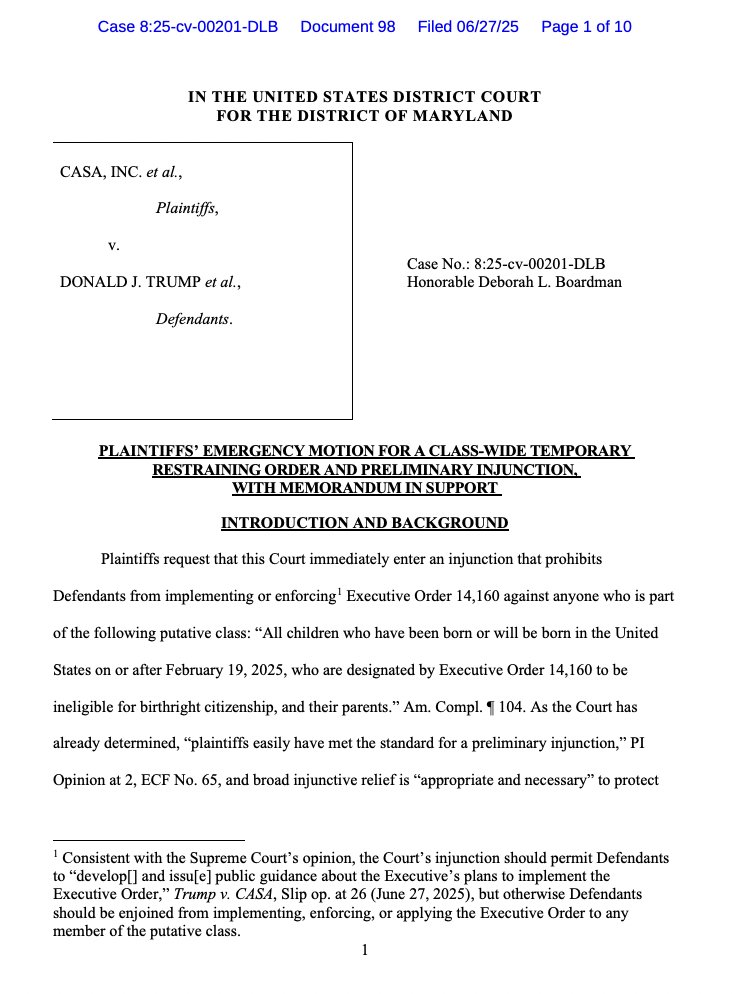Supreme Court in Trump v. CASA: You can't get a universal injunction, you need to file a class action lawsuit. 

CASA, same day: Okay, here's our class action lawsuit.  
storage.courtlistener.com/recap/gov.usco…