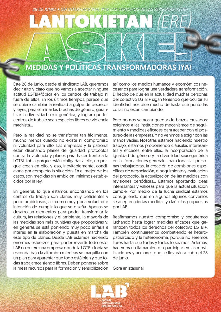 🔥#Ekainak28 | Libre (también) en los centros de trabajo. Medidas y políticas transformadoras ¡ya!

📢Hacemos un llamamiento a participar en las movilizaciones

🔗 labur.eus/vpfcru2i