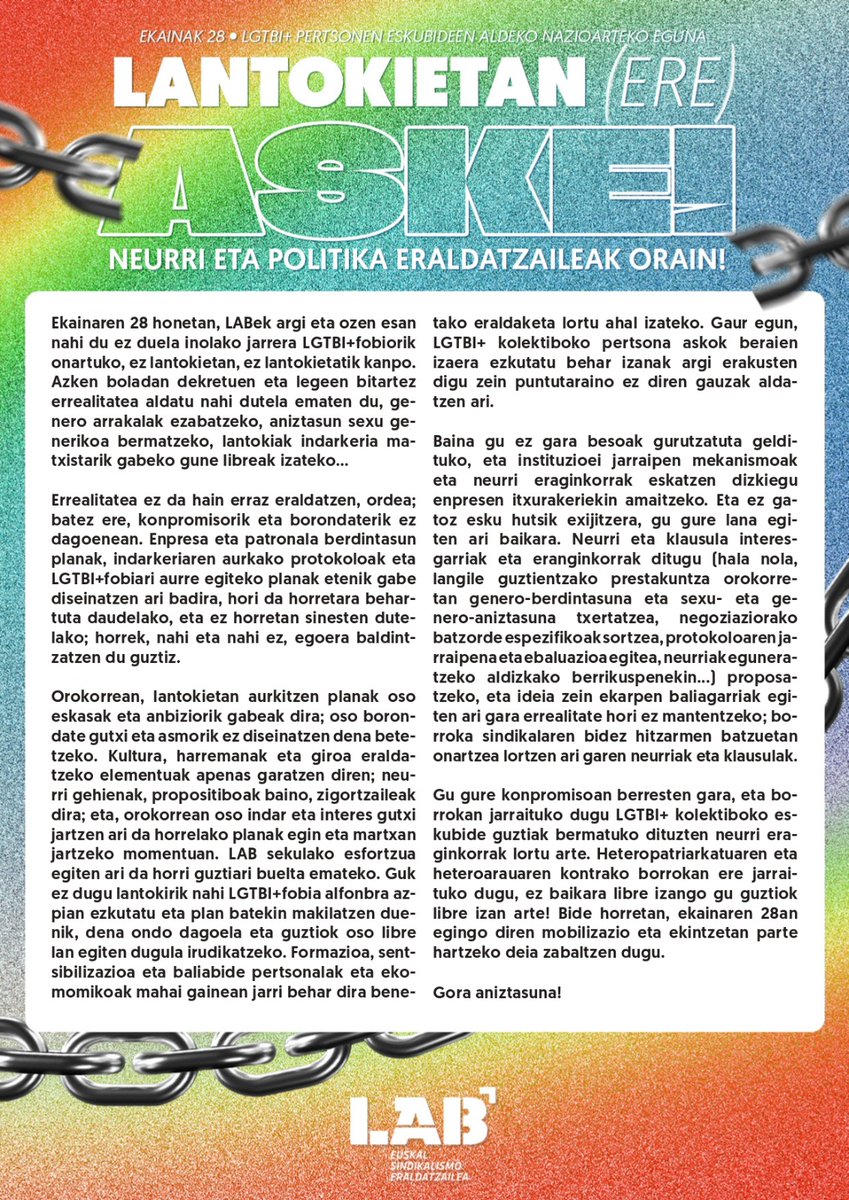 🔥#Ekainak28 | Lantokietan (ere) aske. Neurri eta politika eraldatzaileak orain!

📢Ekainaren 28an egingo diren mobilizazio eta ekintzetan parte hartzera dei egiten dugu

🔗 labur.eus/qiqnlc6e