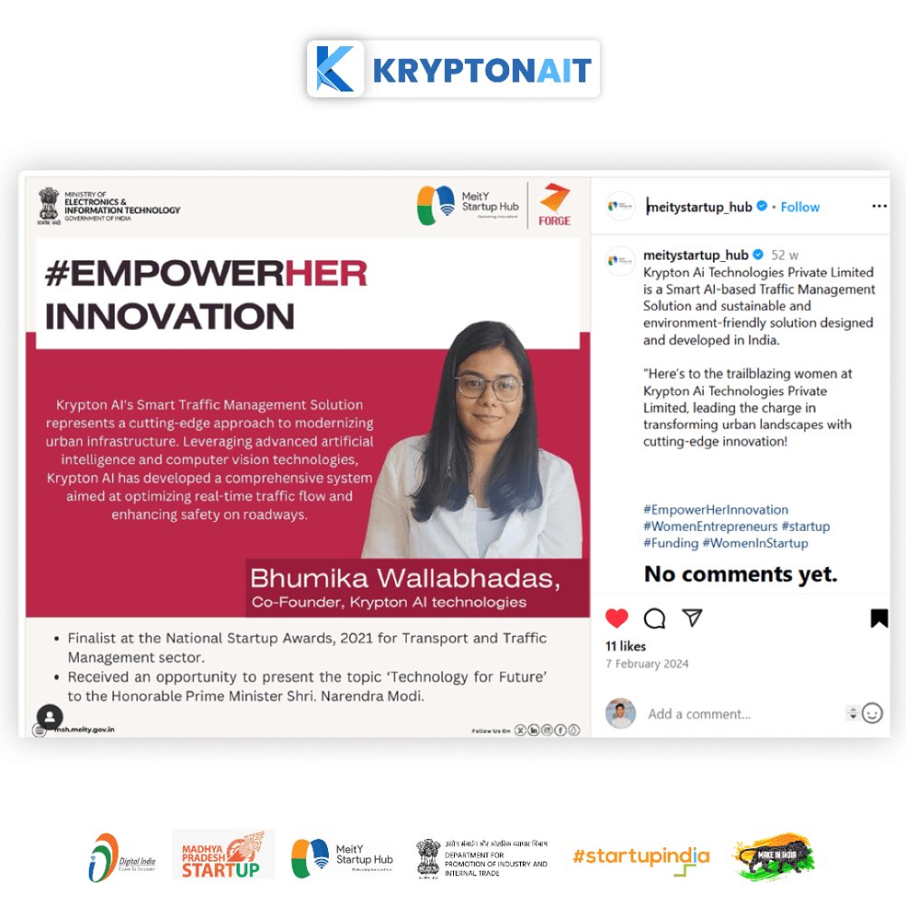 krypton_ai_tech's tweet image. 🌟 Proud moment!
Our Director, Bhumika Wallahbhadas, featured by MeitY Startup Hub’s “Empower Her Innovation” campaign for leading AI &amp;amp; smart governance tech.
Celebrating women driving deep tech innovation in India!
#EmpowerHerInnovation #WomenInTech #KryptonAI