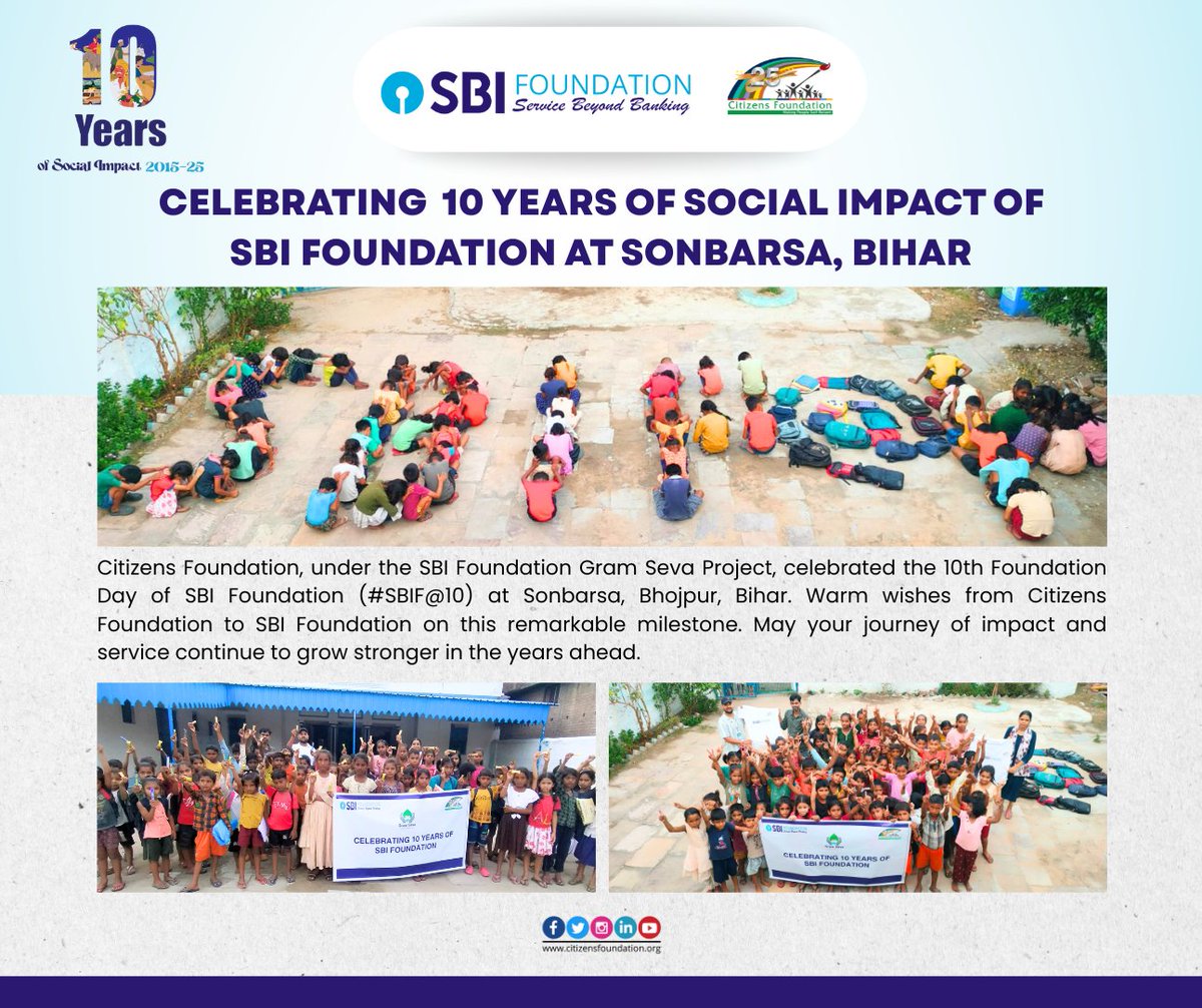Citizens Foundation (@citizens_cf) on Twitter photo 💙<a href="/Citizens_cf/">Citizens Foundation</a> celebrated the Foundation Day of <a href="/SBI_FOUNDATION/">SBI Foundation</a> under the SBI #GramSeva Project at Sonbarsa, Bhojpur dist, #Bihar.
Children formed a human chain spelling SBI@10 as a heartfelt tribute to a decade of impactful service.
Our warm wishes to <a href="/SBI_FOUNDATION/">SBI Foundation</a> on this 💙<a href="/Citizens_cf/">Citizens Foundation</a> celebrated the Foundation Day of <a href="/SBI_FOUNDATION/">SBI Foundation</a> under the SBI #GramSeva Project at Sonbarsa, Bhojpur dist, #Bihar.
Children formed a human chain spelling SBI@10 as a heartfelt tribute to a decade of impactful service.
Our warm wishes to <a href="/SBI_FOUNDATION/">SBI Foundation</a> on this
