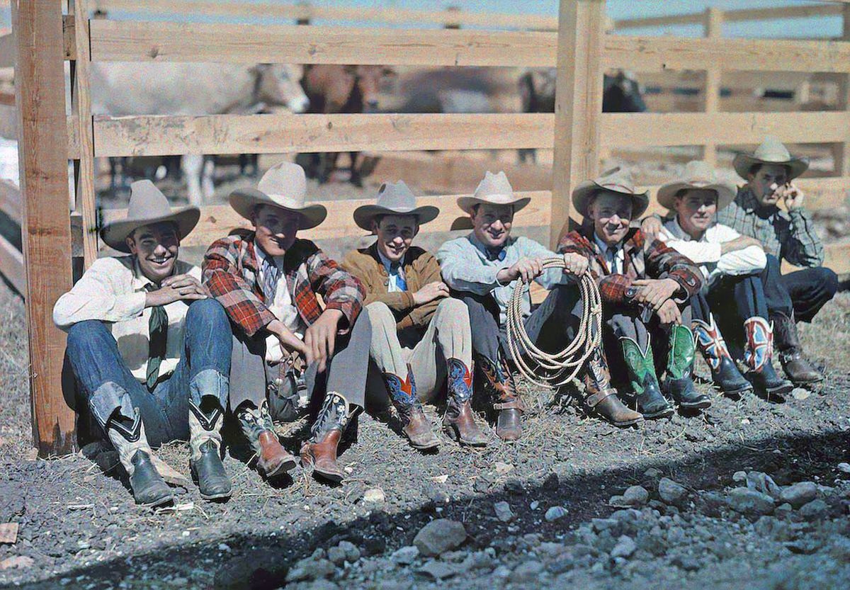 You may think super fancy boots with gorgeous colorful inlays and intricate stitching are a relatively recent phenomena, but that's not true, as this 1928 photo of Cowboys gathered at a rodeo on San Antonio shows.  This is an autochrome photo. Autochrome was an early color