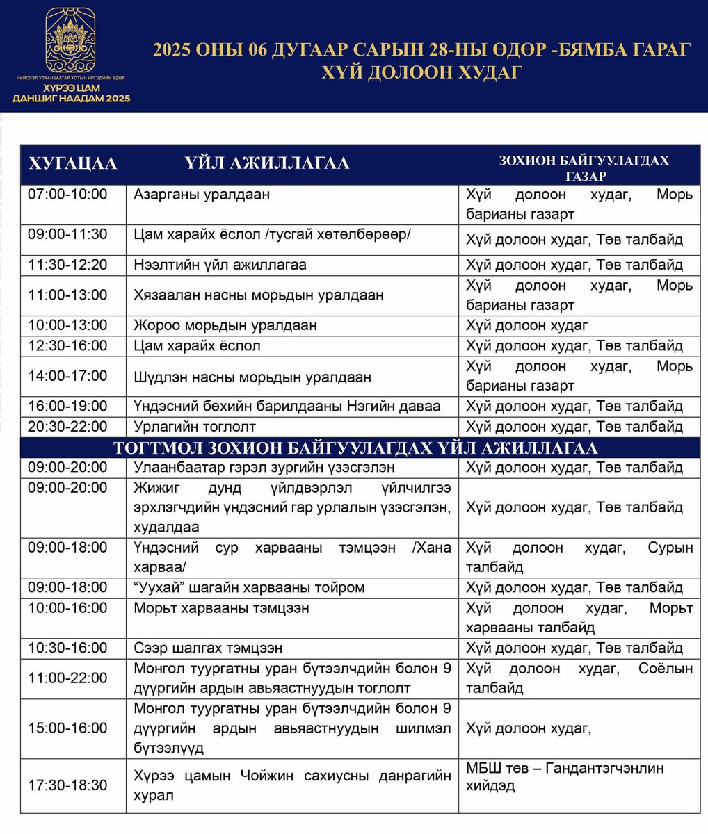Нийслэл Улаанбаатар хотын иргэдийн өдөр “Хүрээ цам-Даншиг наадам 2025”-ын хөтөлбөртэй танилцана уу. 
📅Огноо: 2025.06.28-29  
📍Байршил: Хүй долоон худаг