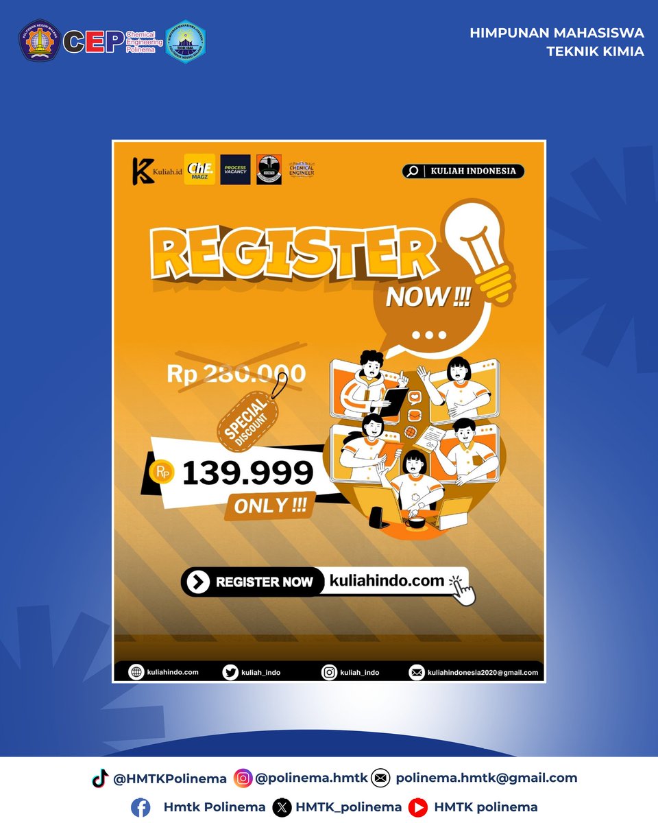 [𝗙𝗹𝗼𝘄 𝗔𝘀𝘀𝘂𝗿𝗮𝗻𝗰𝗲 𝗪𝗼𝗿𝗸𝘀𝗵𝗼𝗽]

Sebelum masuk ke pelatihan utama Synergy Engineering, yuk mulai dulu dengan sesi workshop praktis dan seru bahas dunia flow assurance pada migas!

🗓 4–5 Juli 2025 | ⏰ 19.00–21.30 WIB📍 Zoom | 💸 HTM 139K
🌐 kuliahindo.com