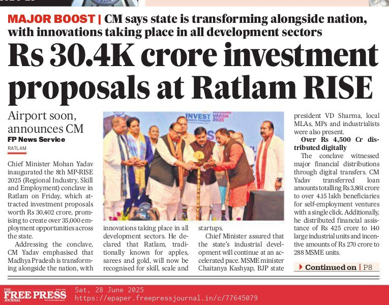 JansamparkMP's tweet photo. Rs 30.4K crore investment proposals at Ratlam RISE
@DrMohanYadav51 @CMMadhyaPradesh
@Industryminist1 @minmpmsme
@mintechnicalmp @MPSeDC_DST
#CMMadhyaPradesh #RISEConclave2025 #RISE_MP #MP_RISE #Ratlam #JansamparkMP