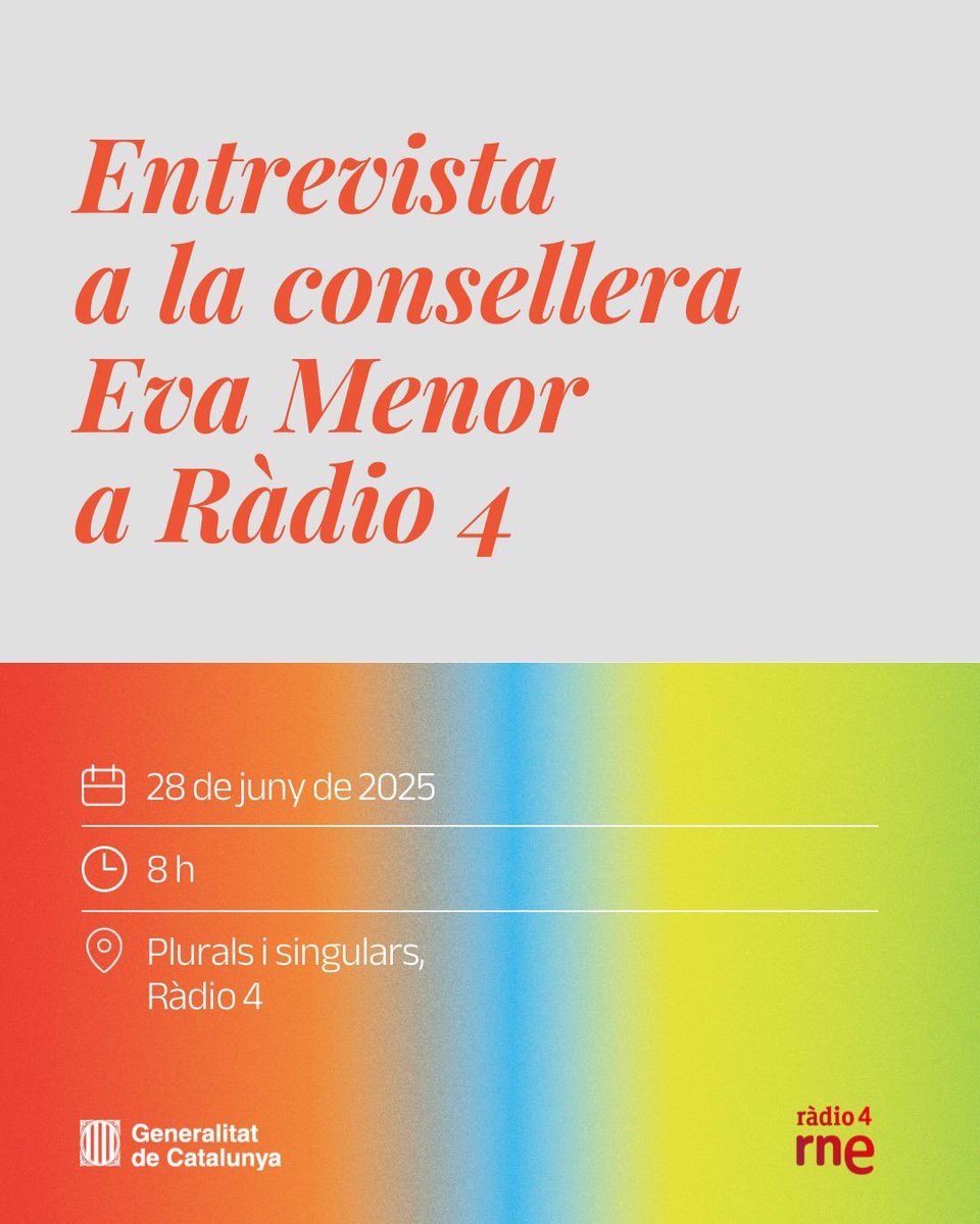 Igualtat i Feminisme (@igualtatcat) on Twitter photo Avui, a partir de les 8 h, entrevista a la consellera <a href="/evamenorc/">Eva Menor</a> al programa <a href="/Pluralsingulars/">Plurals i singulars a Ràdio4</a> de <a href="/radio4_rne/">radio4_rne</a>
📲 Escolta l'entrevista a rtve.es/play/audios/pl… Avui, a partir de les 8 h, entrevista a la consellera <a href="/evamenorc/">Eva Menor</a> al programa <a href="/Pluralsingulars/">Plurals i singulars a Ràdio4</a> de <a href="/radio4_rne/">radio4_rne</a>
📲 Escolta l'entrevista a rtve.es/play/audios/pl…