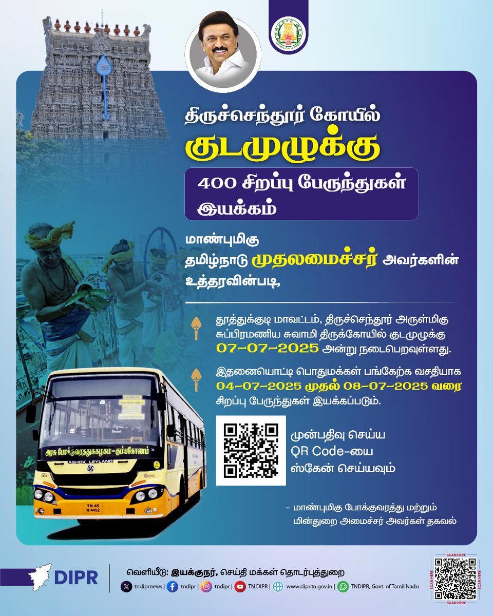 TN DIPR (@tndiprnews) on Twitter photo திருச்செந்தூர் கோயில் குடமுழுக்கு 400 சிறப்பு பேருந்துகள் இயக்கம்
<a href="/CMOTamilnadu/">CMOTamilNadu</a> <a href="/mkstalin/">M.K.Stalin</a> <a href="/Udhaystalin/">Udhay</a>
<a href="/mp_saminathan/">M.P.Saminathan</a>
#TNDIPR #TNMediahub #CMMKStalin #DyCMUdhay #TNGovt #PeoplesGovt #TNGovtSchemes #CMOTamilnadu #peoplecm #TamilNadu திருச்செந்தூர் கோயில் குடமுழுக்கு 400 சிறப்பு பேருந்துகள் இயக்கம்
<a href="/CMOTamilnadu/">CMOTamilNadu</a> <a href="/mkstalin/">M.K.Stalin</a> <a href="/Udhaystalin/">Udhay</a>
<a href="/mp_saminathan/">M.P.Saminathan</a>
#TNDIPR #TNMediahub #CMMKStalin #DyCMUdhay #TNGovt #PeoplesGovt #TNGovtSchemes #CMOTamilnadu #peoplecm #TamilNadu