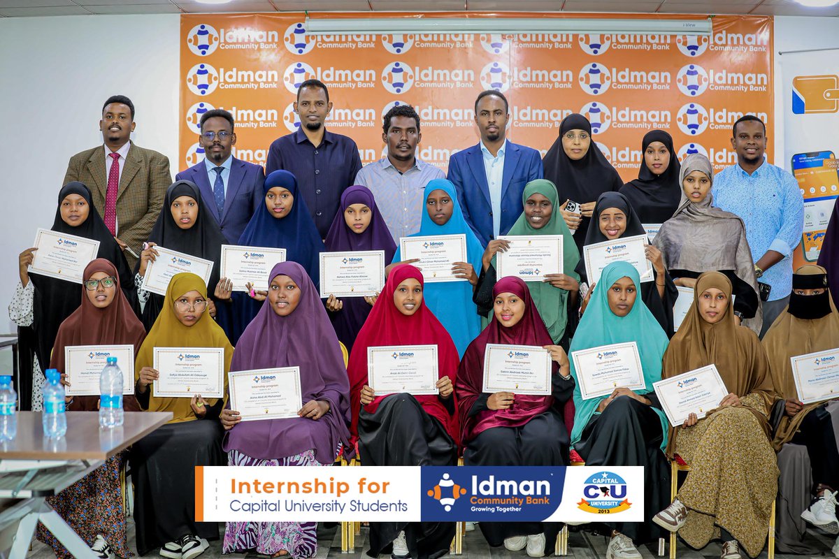 ICBankSo's tweet photo. Idman Community Bank awarded certificates to Banking &amp; Finance students from Capital University of Somalia after completing a practical internship focused on banking operations and financial service skills.

#IdmanBankCapitalUniversity #InternshipStudents #GrowingTogether https://t.co/QFDnG0APSc
