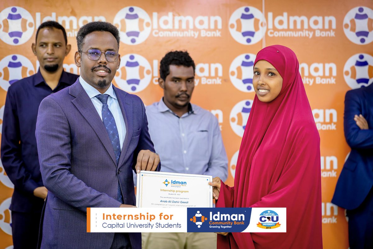 ICBankSo's tweet photo. Idman Community Bank awarded certificates to Banking &amp; Finance students from Capital University of Somalia after completing a practical internship focused on banking operations and financial service skills.

#IdmanBankCapitalUniversity #InternshipStudents #GrowingTogether https://t.co/QFDnG0APSc