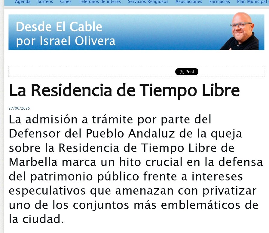Israel Olivera (@israelolivera_) on Twitter photo ✍️ "Desde El Cable" de <a href="/marbella24horas/">marbella24horas.es</a>
- La Residencia de Tiempo Libre - "El caso de la Residencia de Tiempo Libre subraya una lucha más amplia entre la preservación del patrimonio público y los intereses especulativos"
➡️ LEER: encr.pw/tDsea
#Marbella #Málaga ✍️ "Desde El Cable" de <a href="/marbella24horas/">marbella24horas.es</a>
- La Residencia de Tiempo Libre - "El caso de la Residencia de Tiempo Libre subraya una lucha más amplia entre la preservación del patrimonio público y los intereses especulativos"
➡️ LEER: encr.pw/tDsea
#Marbella #Málaga