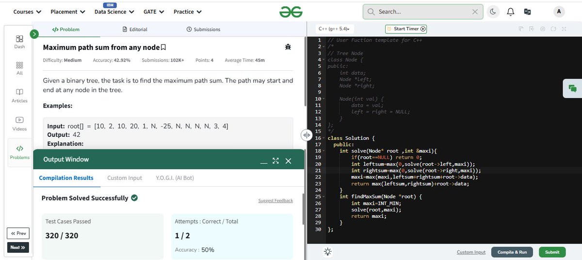 AkashPraja93120's tweet photo. Day 87 of GFG 160 Days

Problem Solved:-"Maximum path sum from any node"

This challenge pushed me to think critically and sharpen my approach.

Grateful to @geeksforgeeksfor such a structured and rewarding learning journey #gfg160 #geekstreak2025

#gfg160  #geekstreak2025 #DAY87 https://t.co/NSSF0nyvS6