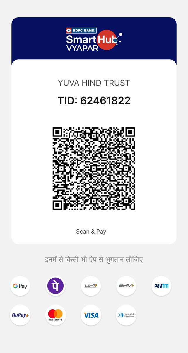 Greetings from YUVA HIND TRUST.
Please scan the QR with cards and UPI to complete your payment.