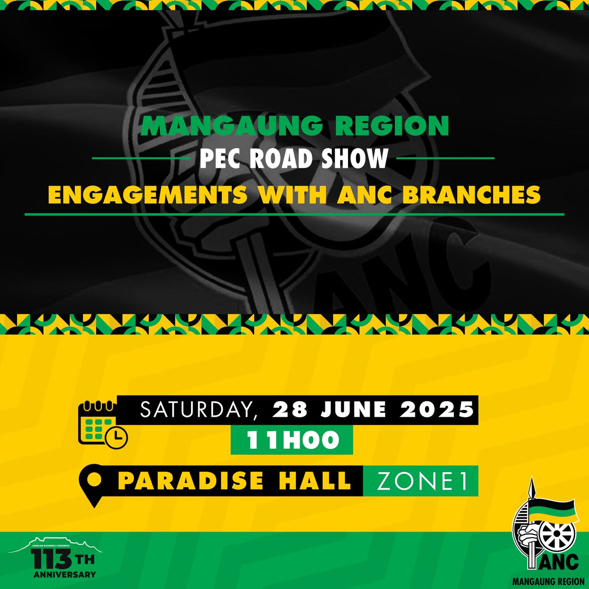 MangaungAnc's tweet photo. ANC PEC ROAD SHOW IN MANGAUNG (1st Day Programme) 

The ANC PEC is in Mangaung for organisational work from 28-30 June 2025, the programme will comprise of the following;

- engagements with ANC branches
- ⁠Community meetings
- ⁠Sectoral engagements
- ⁠Church visits https://t.co/qZjBlOsC43
