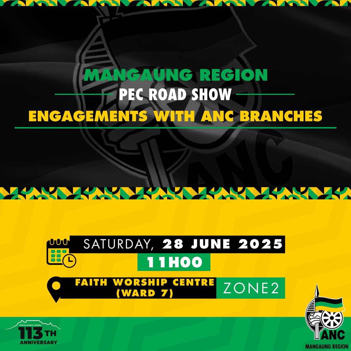 MangaungAnc's tweet photo. ANC PEC ROAD SHOW IN MANGAUNG (1st Day Programme) 

The ANC PEC is in Mangaung for organisational work from 28-30 June 2025, the programme will comprise of the following;

- engagements with ANC branches
- ⁠Community meetings
- ⁠Sectoral engagements
- ⁠Church visits https://t.co/qZjBlOsC43