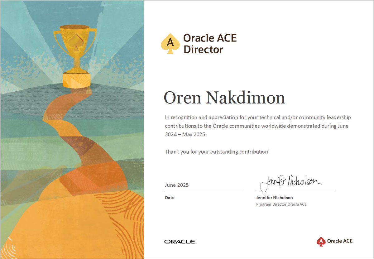 Oren Nakdimon (@dboriented) on Twitter photo A proud member of the #OracleACE program for another year๐
Thanks <a href="/oracleace/">Oracle ACE Program</a> ๐ A proud member of the #OracleACE program for another year๐
Thanks <a href="/oracleace/">Oracle ACE Program</a> ๐
