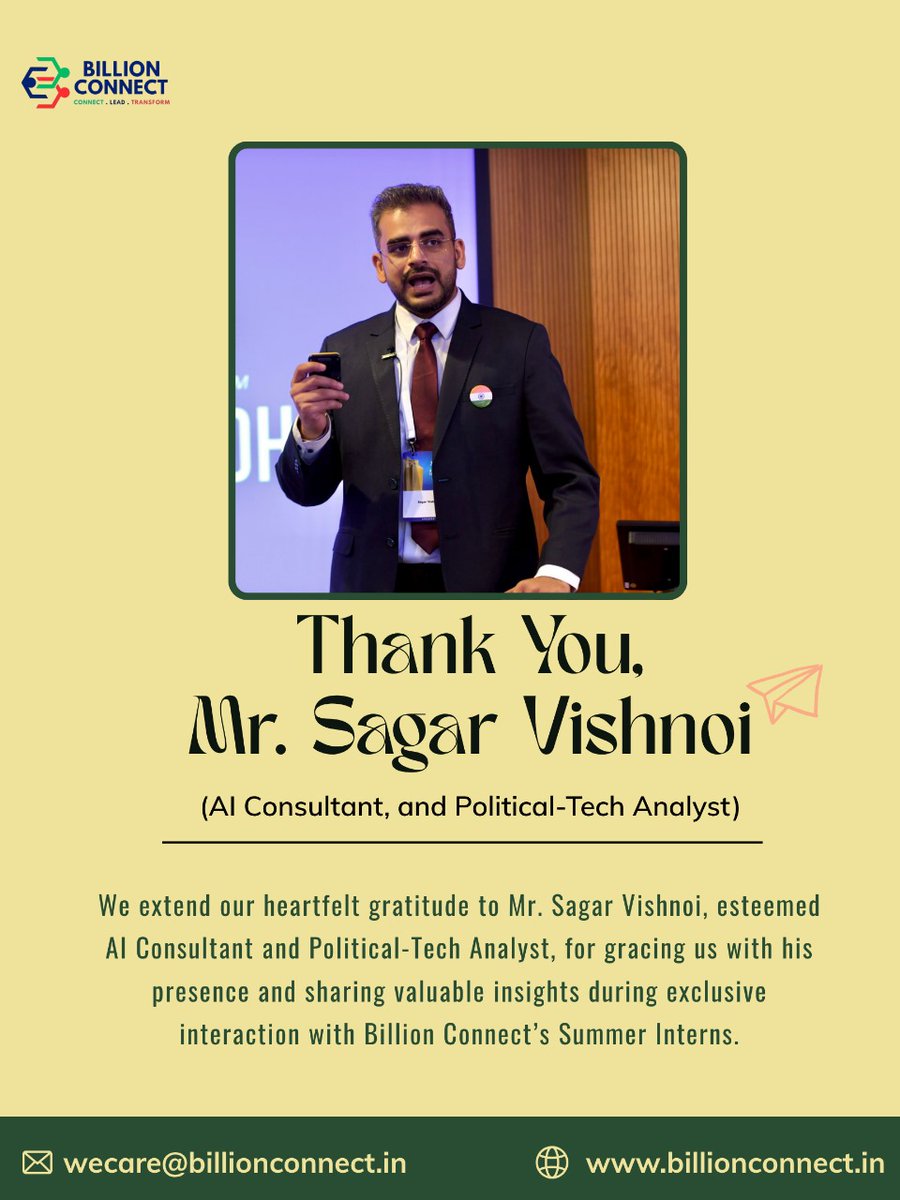 BillionConnect_'s tweet image. We extend our deepest gratitude to Mr. Sagar Vishnoi (Political-Tech Analyst) for his inspiring session with our Summer Interns.

@sagarvishnoi @afrozalam2
@rehana_sultana1

#BillionConnect #AIandPolitics #Leadership #PoliticalTech #PublicPolicy #YouthEngagement #Mentorship