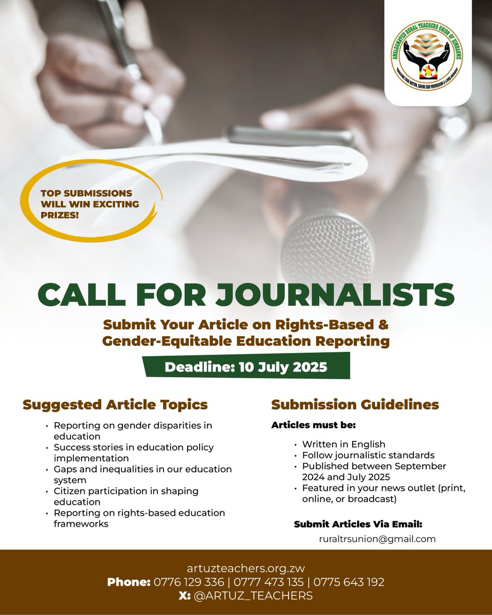 JOURNALISTS, THIS ONE IS FOR YOU!
Submit your best article on rights-based &amp; gender-equitable education reporting and stand a chance to WIN amazing prizes!

Published stories between Sept 2024–July 2025 are eligible.
Send entries to: ruraltrsunion@gmail.com
Deadline: 10 July 2025