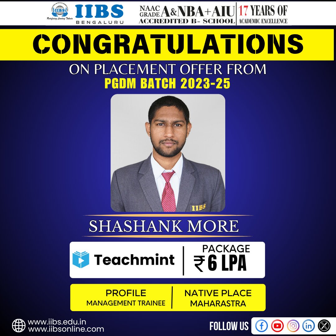 iibsonline's tweet photo. Congratulations, Shashank More, PGDM Batch 2023-25, On Securing a placement offer from Teachmint! ๐
Your hard work, determination, and persistence have paid off, and this achievement is a true reflection of your dedication.
#ProudMoment #PlacementSuccess #Teachmint https://t.co/PR7Clby2YO