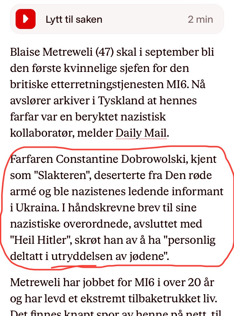 En kvinne som er sjef for britenes etterretningstjeneste er direkte etterkommer av en ekte nazi som faktisk drepte jøder? Meh…who gives a shit. 

Men at den jevne hvite amerikaner i dag, skulle betale erstatning til den jevne svarte amerikaner i dag, for noe som skjedde ENDA 100