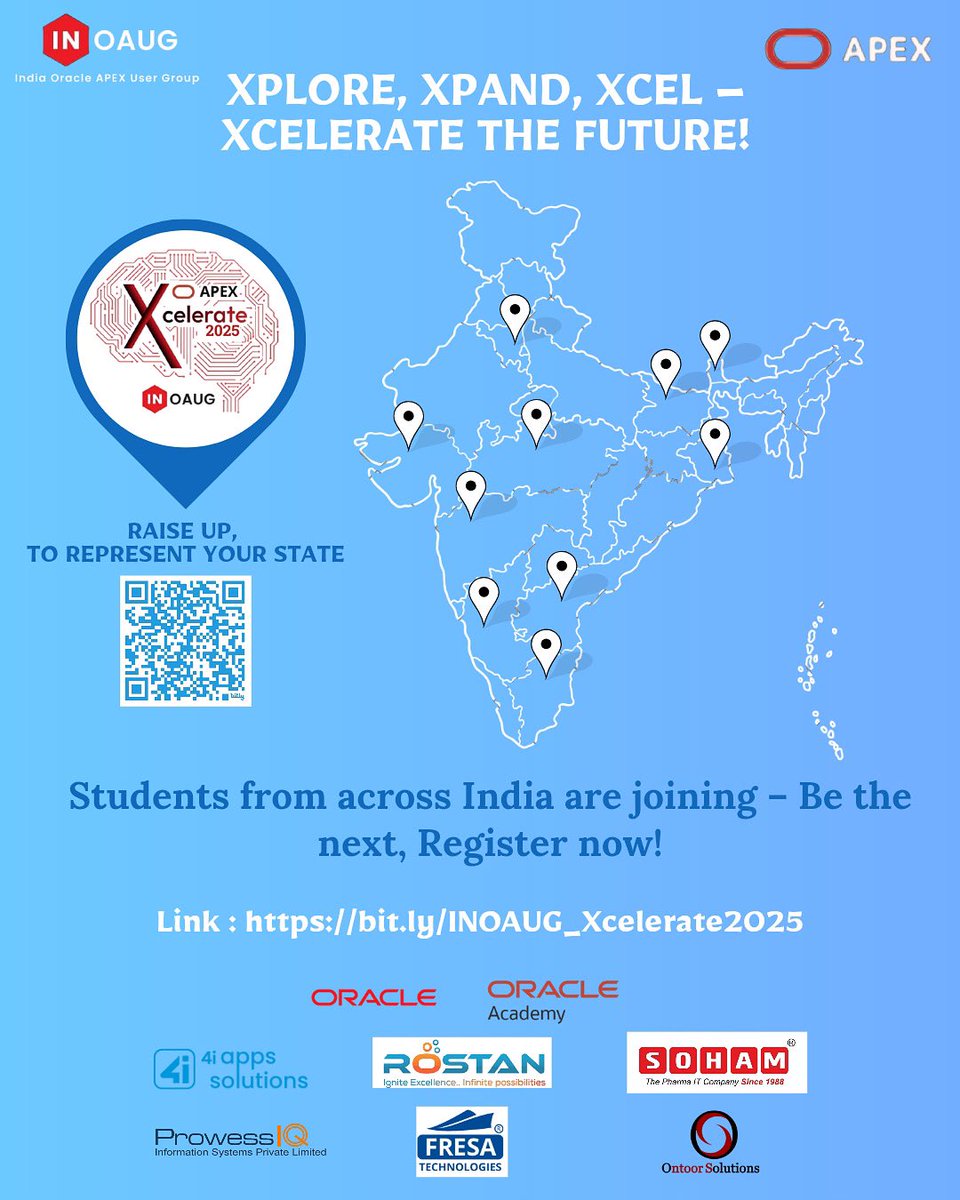 🌟 Xplore. Xpand. Xcel. Time to Xcelerate the Future! 🌐🚀

Join Xcelerate 2025 – India’s Ultimate Oracle APEX Hackathon!

📍 Represent your region.

🎯 Collaborate. Compete. Create.

📢 Register now: bit.ly/INOAUG_Xcelera… [Link in Bio]

#Xcelerate2025 #orclAPEX