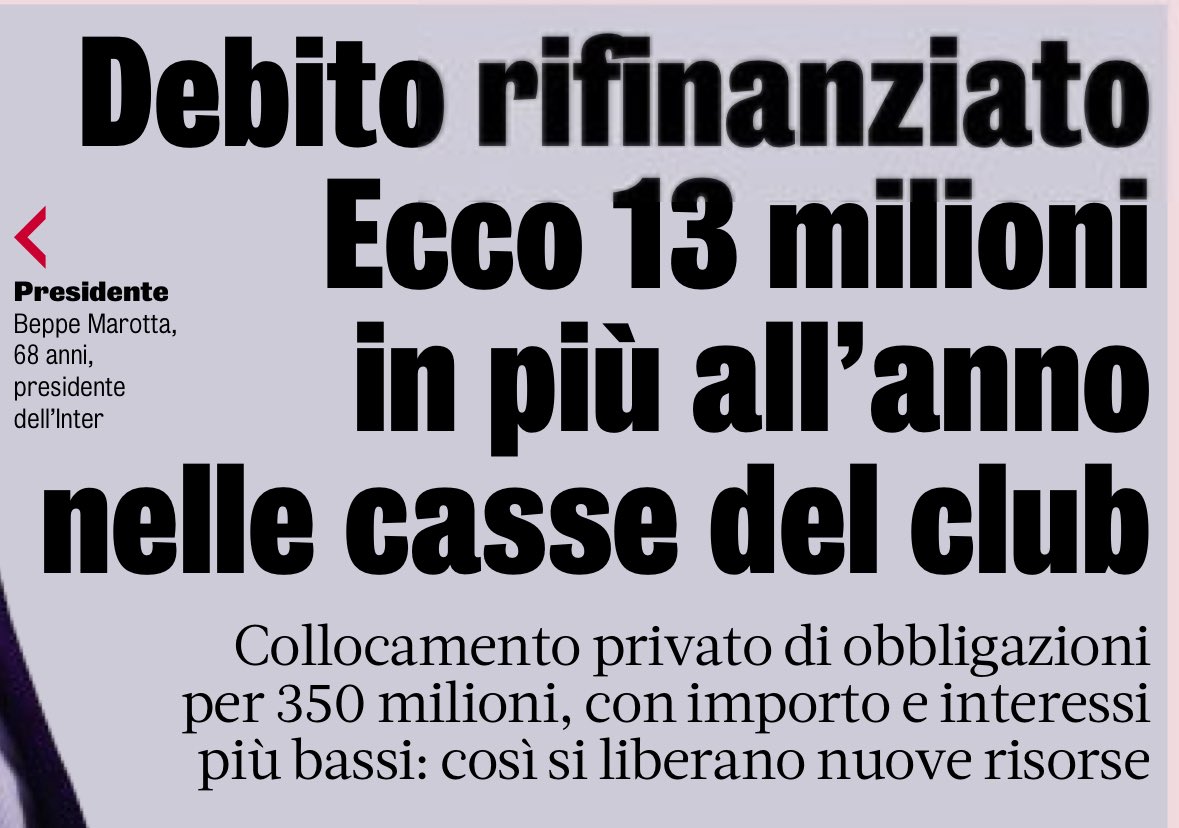capuanogio's tweet image. Il rifinanziamento del debito, abbassato di oltre 50 milioni di euro grazie ai flussi di cassa di questa stagione, consentirà all’#Inter di pagare 13 milioni in meno di interessi dall’anno prossimo, passando da 29 a 16. #Oaktree ha chiuso il nuovo finanziamento a tassi migliori