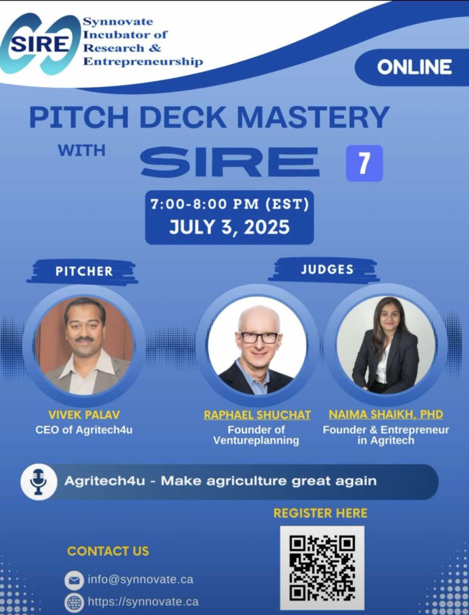 #SIRE #PitchDeckMastery 
📅 Thursday, July 3, 2025
⏰  7 PM – 8 PM (EST)
📷 Online (Virtual Event)
📷 Register now to attend this insightful #Agritech-focused session:
lnkd.in/gy7Emn7W
#ekrishikendra #Agritech #Startup #Entrepreneurship #Investment #Innovation #TorontoTech