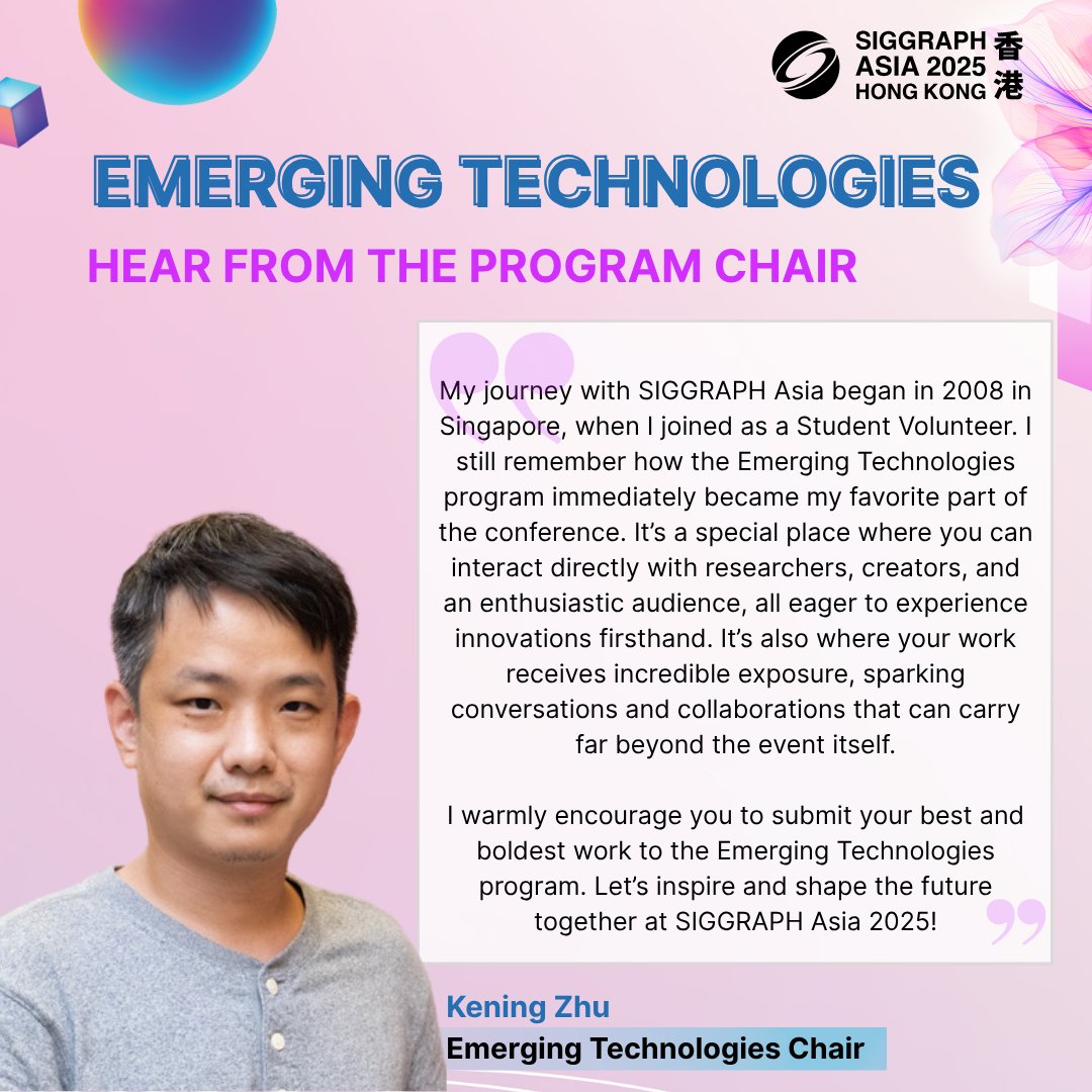 SIGGRAPHAsia's tweet image. "the Emerging Technologies program immediately became my favorite part of the conference.”
– Kening Zhu, Emerging Technologies Chair
Got an innovation that dazzles or uplifts? Show it live at #SIGGRAPHAsia2025!
📍 Submit by 30 June, 23:59 AoE
👉 bit.ly/sa25-submissio…
#SAetech
