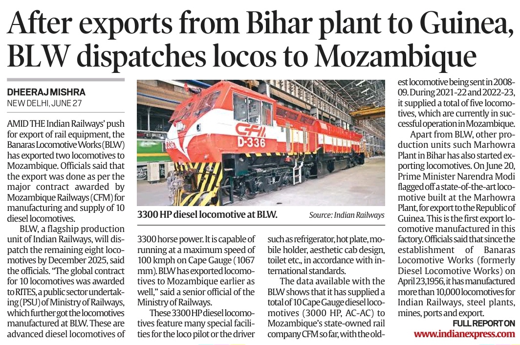 Banaras Locomotive Works dispatches locos to Mozambique after exports from Bihar plant to Guinea.