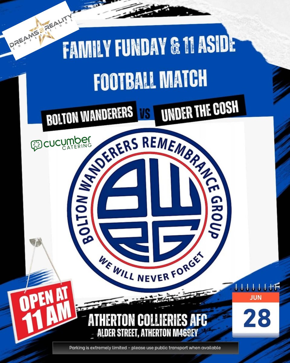 bwfcrg's tweet photo. ⚽️ PAY ON THE DOOR ⚽️

TODAYS THE BIG DAY !

ADULTS £5
CHILDREN FREE

Doors open at 11am 
Dreams2Realty Stadium - The Home Of Atherton Colls FC - Atherton Town Center 

#bwfc #bolton #boltonwanderers #undrthecosh #atherton #charity #football #expro https://t.co/w4gCdPUc2A