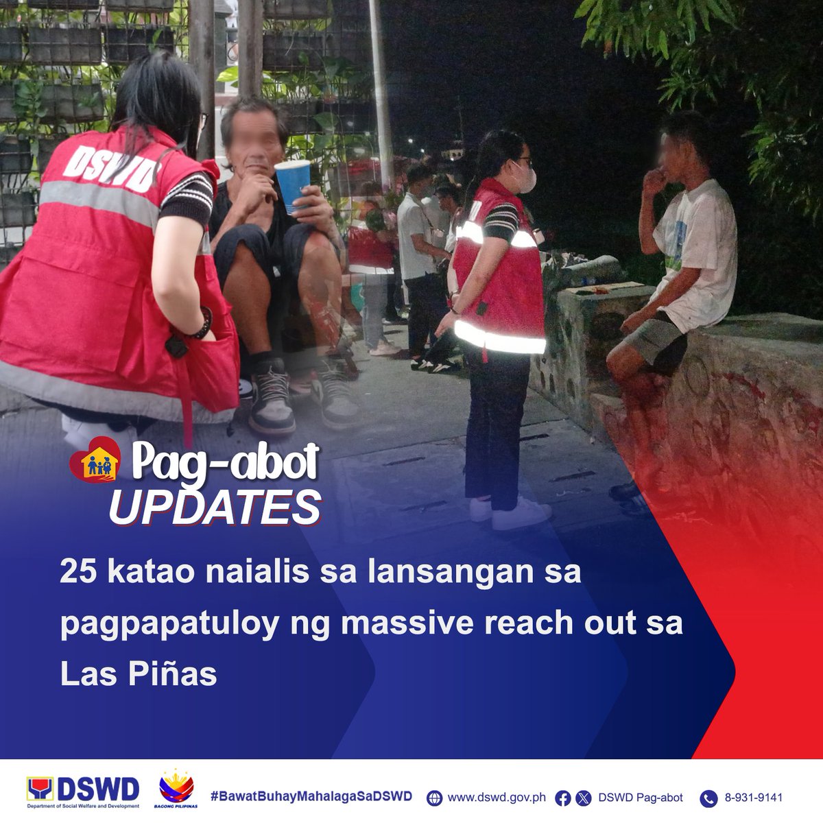 DSWDPagAbot's tweet image. 𝐏𝐚𝐠-𝐚𝐛𝐨𝐭 𝐔𝐩𝐝𝐚𝐭𝐞𝐬: 25 katao naialis sa lansangan sa pagpapatuloy ng massive reach out sa Las Piñas

Muling nagsagawa ng Massive Reach Out Operation sa lungsod ng Las Piñas ang Pag-abot Program upang patuloy na maialis sa kapahamakan ng lansangan ang mga tukoy nitong…