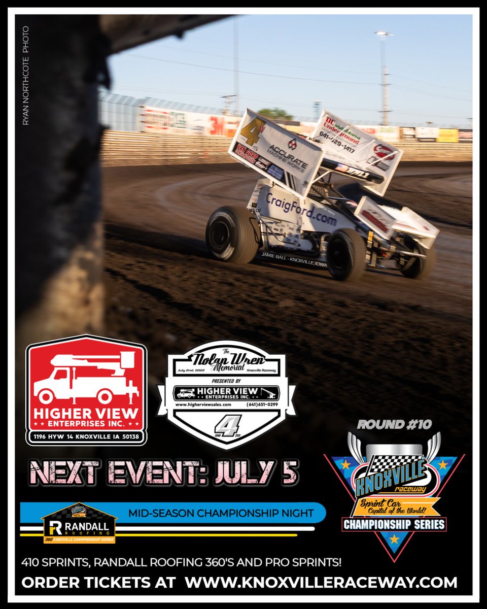knoxvilleraces's tweet photo. Join us TOMORROW Saturday, July 5: for the Higher View Enterprises – Nolan Wren Memorial and Mid-Season Championship Night at Knoxville Raceway! It’s Round #10 of the Knoxville Championship Series featuring the 410s, Randall Roofing 360s, and Pro Sprints!

Celebrate Independence Day weekend with action-packed racing at the Sprint Car Capital of the World! Kids ages 12 and under are FREE!

You can pre-order 🎟tickets through our website at https://t.co/cfDKRAN6xm!