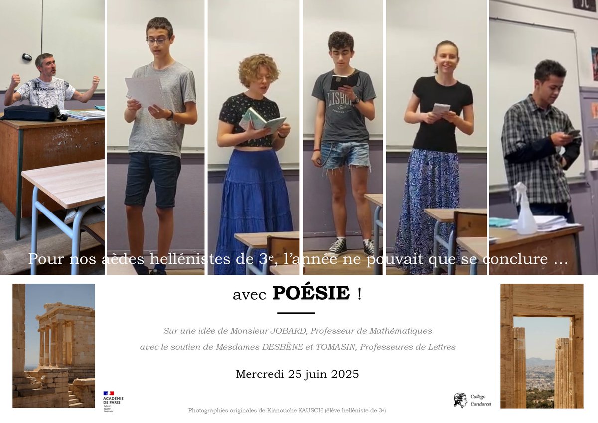 FMeunier1's tweet image. Comment imaginer une plus belle fin pour cette génération de 3e (et en plus cela leur ressemble tant) que de terminer ses années collège... en poésie ! Avec des textes souvent écrits par eux. Et certains de nos professeurs les ont imités. Moment précieux et exclusif de partage.