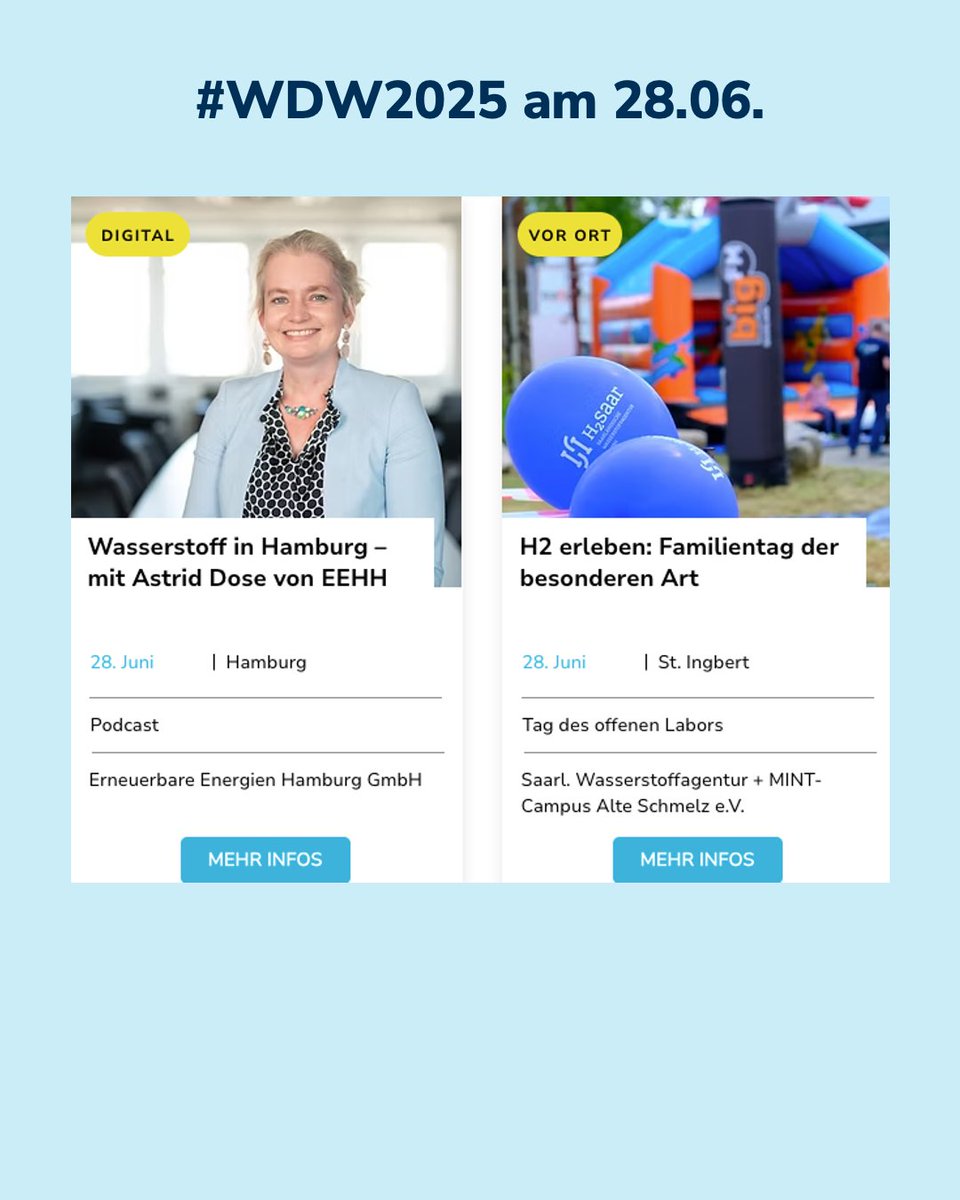 #WDW - Unterwegs für die WOCHE DES WASSERSTOFFS
2. Samstag der WOCHE DES WASSERSTOFFS
Heute, 28. Juni, ist das Programm überschaubar: 1 x live in St. Ingbert, 1 x digital von wo immer ihr seid.
Infos hier: linkedin.com/feed/update/ur…

#WDW2025
#Wasserstoff
#WasserstoffErleben